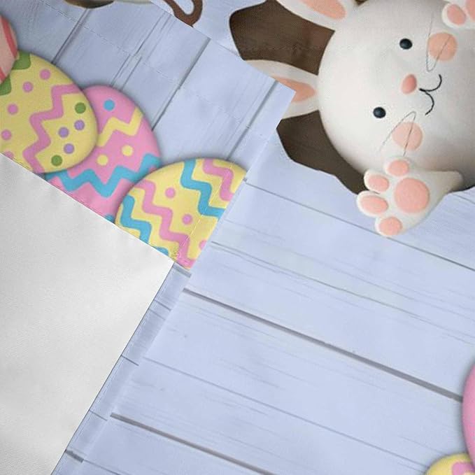 Blue Easter Curtain Valances for Windows, Kitchen Valance Window Treatment, Spring Cartoon Bunny Colorful Eggs Wood Grain Light Filtering Block Curtains for Bathroom/Bedroom/Living Room 60'' x 18''