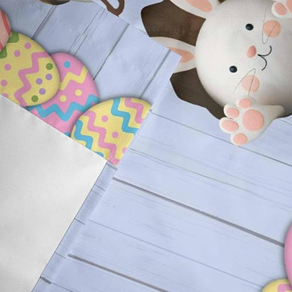 Blue Easter Curtain Valances for Windows, Kitchen Valance Window Treatment, Spring Cartoon Bunny Colorful Eggs Wood Grain Light Filtering Block Curtains for Bathroom/Bedroom/Living Room 60'' x 18''
