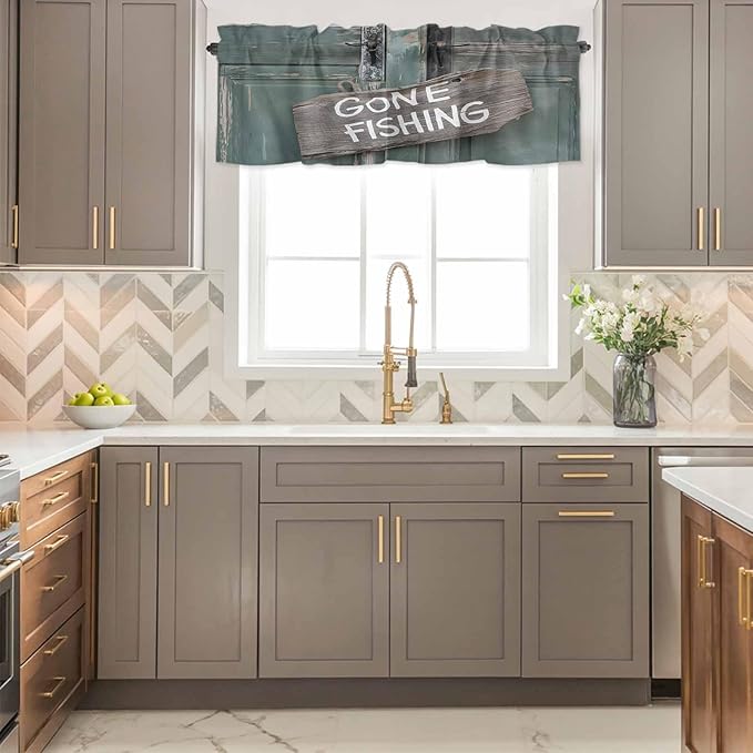 Gone Fishing Valances for Windows, Bronze Wood Grain Kitchen Valance Light Filtering Rod Pocket Short Curtains for Kitchen Bathroom, 1 Panel, 56"x16"