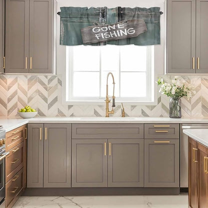 Gone Fishing Valances for Windows, Bronze Wood Grain Kitchen Valance Light Filtering Rod Pocket Short Curtains for Kitchen Bathroom, 1 Panel, 56"x16"