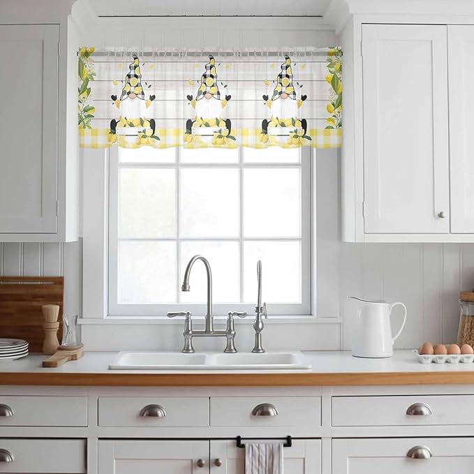 Lemon Dwarfs Sheer Valance Curtains, Gnome Green Leaf Wood Striped Black Plaid Light Filtering Kitchen Valances Rod Pocket Voile Curtain Window Treatment for Bedroom/Living Room/Basement 60Wx18L