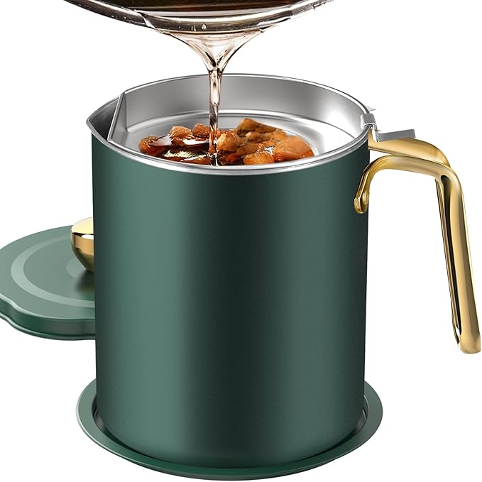 Chihee Stainless Steel Bacon Grease Saver with Fine Mesh Strainer, 2L / 67.6 fl oz, Non-slip Tray