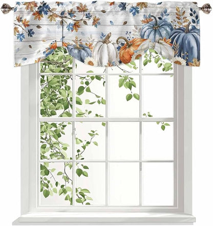 Thanksgiving Pumpkin Tie Up Valance Curtains for Windows, Kitchen Curtains Window Shades, Fall Maple Leaf Daisy Wooden Grain Light Filter Roman Curtain Valances for Bedroom/Bathroom/Cafe 54'' x 18''