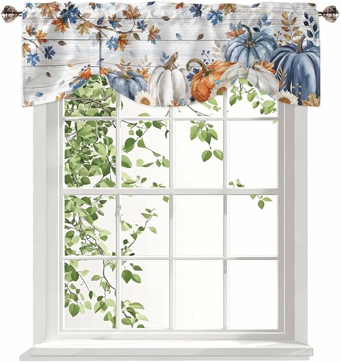 Thanksgiving Pumpkin Tie Up Valance Curtains for Windows, Kitchen Curtains Window Shades, Fall Maple Leaf Daisy Wooden Grain Light Filter Roman Curtain Valances for Bedroom/Bathroom/Cafe 42'' x 12''