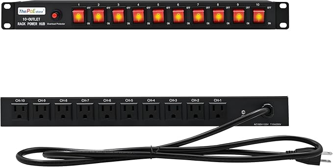 10-Outlet 1U Rack Mount Power Strip - Surge Protector, Features 10 Front Switches with LED Light - Ideal, w/ 6 ft Cord for Network Server Racks and Cabinets