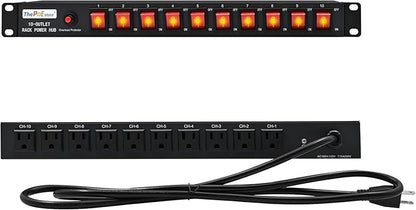 10-Outlet 1U Rack Mount Power Strip - Surge Protector, Features 10 Front Switches with LED Light - Ideal, w/ 6 ft Cord for Network Server Racks and Cabinets