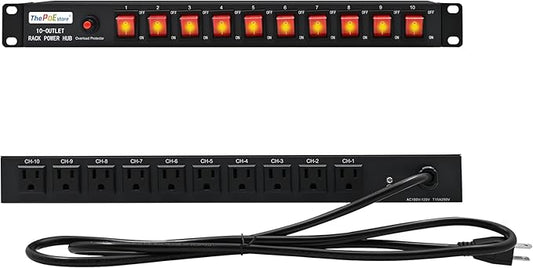 10-Outlet 1U Rack Mount Power Strip - Surge Protector, Features 10 Front Switches with LED Light - Ideal, w/ 6 ft Cord for Network Server Racks and Cabinets