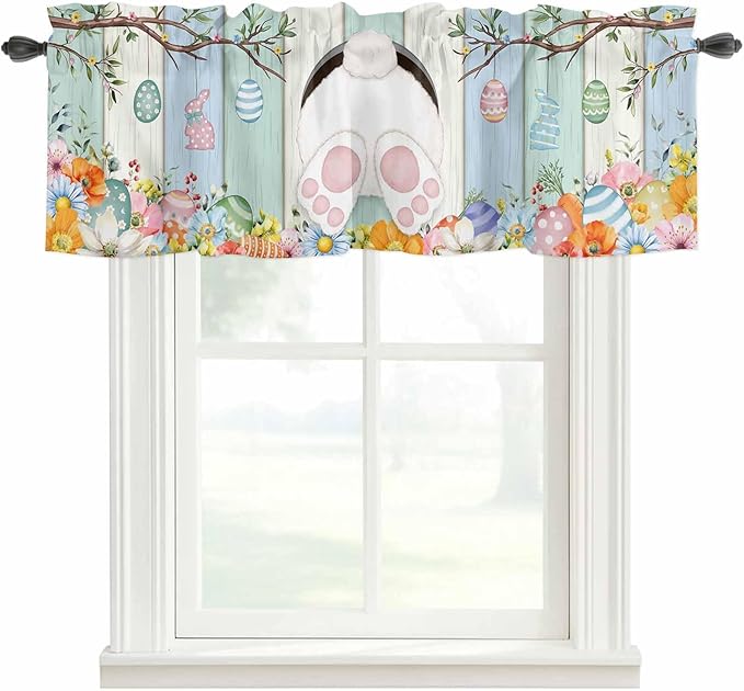 Easter Curtain Valances for Windows, Kitchen Valance Window Treatment, Spring Watercolor Bunny Eggs Wood Grain Teal Blue Light Filtering Block Curtains for Bathroom/Bedroom/Living Room 42'' x 12''