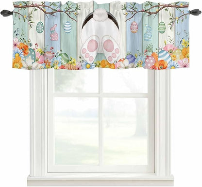 Easter Curtain Valances for Windows, Kitchen Valance Window Treatment, Spring Watercolor Bunny Eggs Wood Grain Teal Blue Light Filtering Block Curtains for Bathroom/Bedroom/Living Room 42'' x 12''