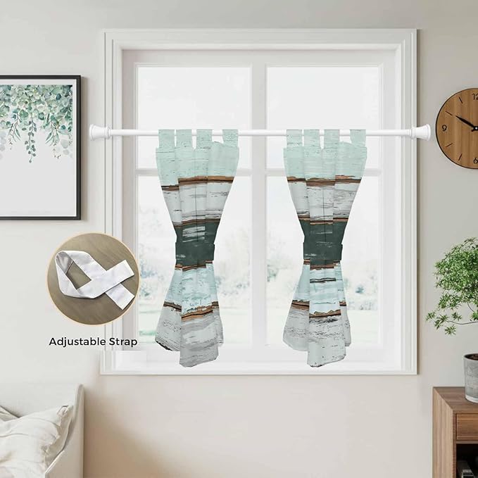 Blue Teal Kitchen Curtains 45 Inch Length, Short Cafe Window Curtains Tab Top, Vintage Wooden Retro Art Farmhouse Barns Light Filtering Window Treatments Tier Drapes 27.5"x45" 2 Panel