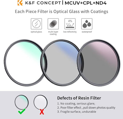 K&F Concept 55mm UV/CPL/ND Lens Filter Kit (3 Pieces)-18 Multi-Layer Coatings, UV Filter + Polarizer Filter + Neutral Density Filter (ND4) + Cleaning Cloth+ Filter Pouch for Camera Lens (K-Series)