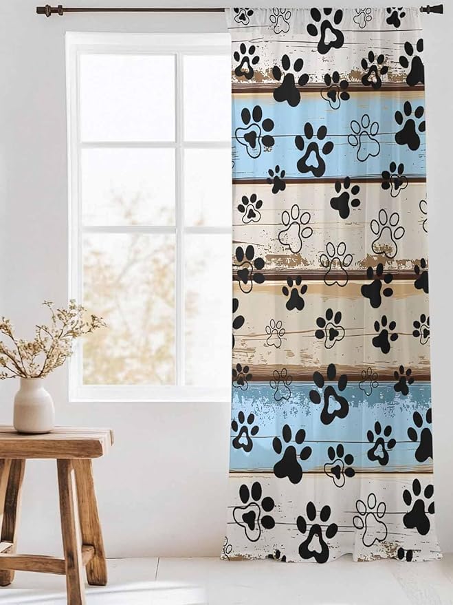Sheer Curtains 84 Inches Long, Blue Brown Paw Prints Semi Sheer Curtains Light Filtering Window Treatment, Vintage Farmhouse Rustic Wooden Grain Privacy Voile Drapes for Living Room Bedroom 52x84 Inch