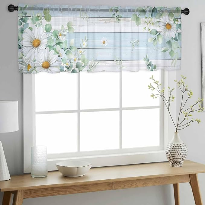 Daisy Eucalyptus Leaves Sheer Valance Curtains, Blue Wood Grain Spring Countryside Light Filtering Kitchen Valances Rod Pocket Voile Curtain Window Treatment for Bedroom/Living Room/Basement 54Wx18L