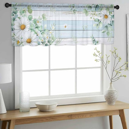 Daisy Eucalyptus Leaves Sheer Valance Curtains, Blue Wood Grain Spring Countryside Light Filtering Kitchen Valances Rod Pocket Voile Curtain Window Treatment for Bedroom/Living Room/Basement 54Wx18L