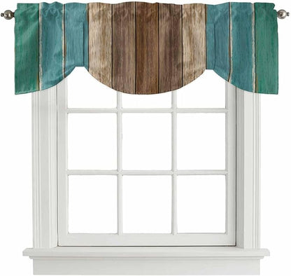 Teal Blue Brown Tie Up Valance Curtains for Windows, Kitchen Curtains Window Shades, Farmhouse Retro Wooden Grain Stripes Light Filtering Roman Curtain Valances for Bedroom/Bathroom/Cafe 54"x18"