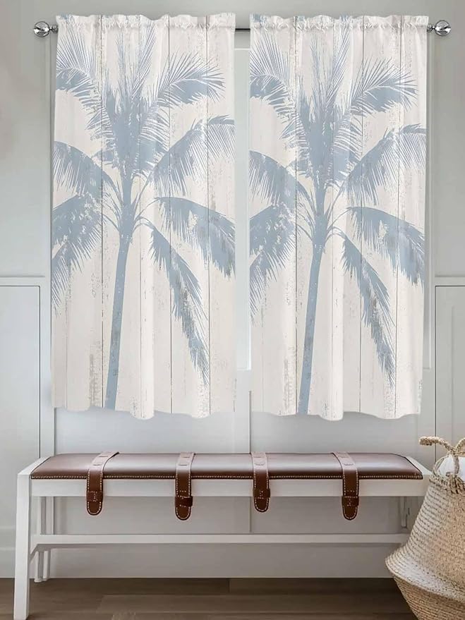 Summer Coconut Tree on Vintage Wood Grain Window Valance Curtains, Seaside Plants Light Filtering Kitchen Valance with 3-inch Rod Pocket for Living Room Bathroom Bedroom,2 Panel,42x63In