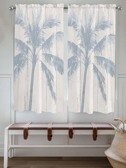 Summer Coconut Tree on Vintage Wood Grain Window Valance Curtains, Seaside Plants Light Filtering Kitchen Valance with 3-inch Rod Pocket for Living Room Bathroom Bedroom,2 Panel,42x63In