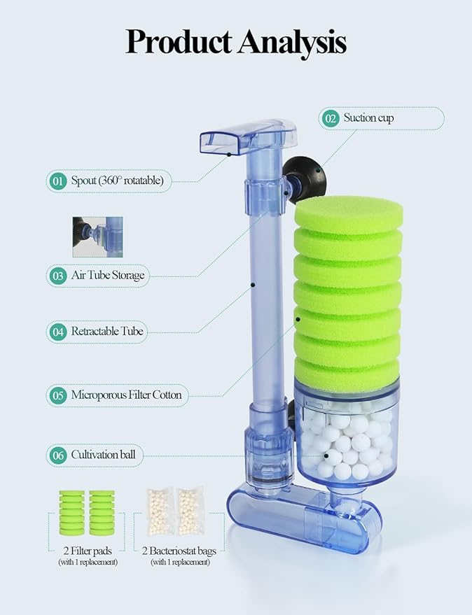 UPETTOOLS 10-40 Gla Aquarium Sponge Filter Ultra Quiet Aquarium Air Pump Bio Sponge Small Fish Tank Foam Filter Comes with 2 Sponges 2of Bio Ceramic Media Balls