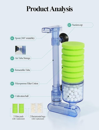 UPETTOOLS 10-40 Gla Aquarium Sponge Filter Ultra Quiet Aquarium Air Pump Bio Sponge Small Fish Tank Foam Filter Comes with 2 Sponges 2of Bio Ceramic Media Balls