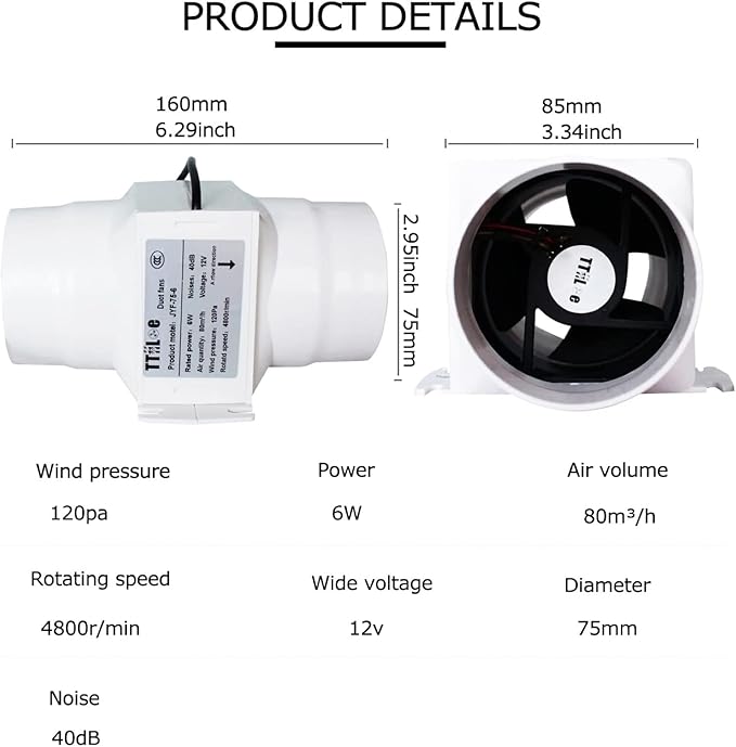 3”Inline Air Vent Pet Fan 6W Greenhouse Ventilation Equipment 12V Indoor Intake Fume Extractor Blower 47CFM Intake Bathroom Shower Fan For Tent Room