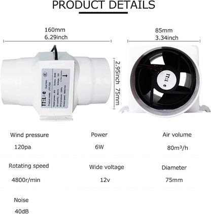3”Inline Air Vent Pet Fan 6W Greenhouse Ventilation Equipment 12V Indoor Intake Fume Extractor Blower 47CFM Intake Bathroom Shower Fan For Tent Room