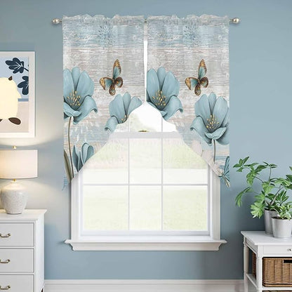 Spring Floral Swag Valances for Windows, Vintage Tulips Flower Butterfly Retro Wood Blue Rod Pocket Kitchen Curtains Valance, Kitchen Window Curtains Swag for Cafe Living Room, 2 Panels, 36x45 inch