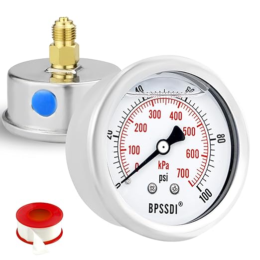 0-100Psi Glycerin Liquid Filled Low Pressure Gauge, 2.5" Dial Size, 1/4" G Back Mount, 304 Stainless Steel Case, for Water Pipe, HVAC, Water Oil Air Pressure Test