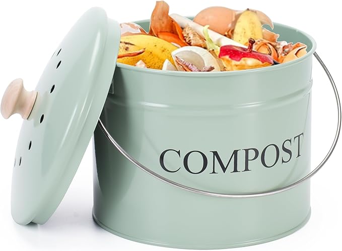 Compost Bin for Kitchen Counter, 1 Gallon Compost Bucket with Lid and Charcoal Filter, Countertop Composter, Rust Proof Indoor Food Waste Bin, Green