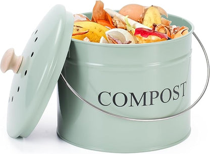 Compost Bin for Kitchen Counter, 1 Gallon Compost Bucket with Lid and Charcoal Filter, Countertop Composter, Rust Proof Indoor Food Waste Bin, Green
