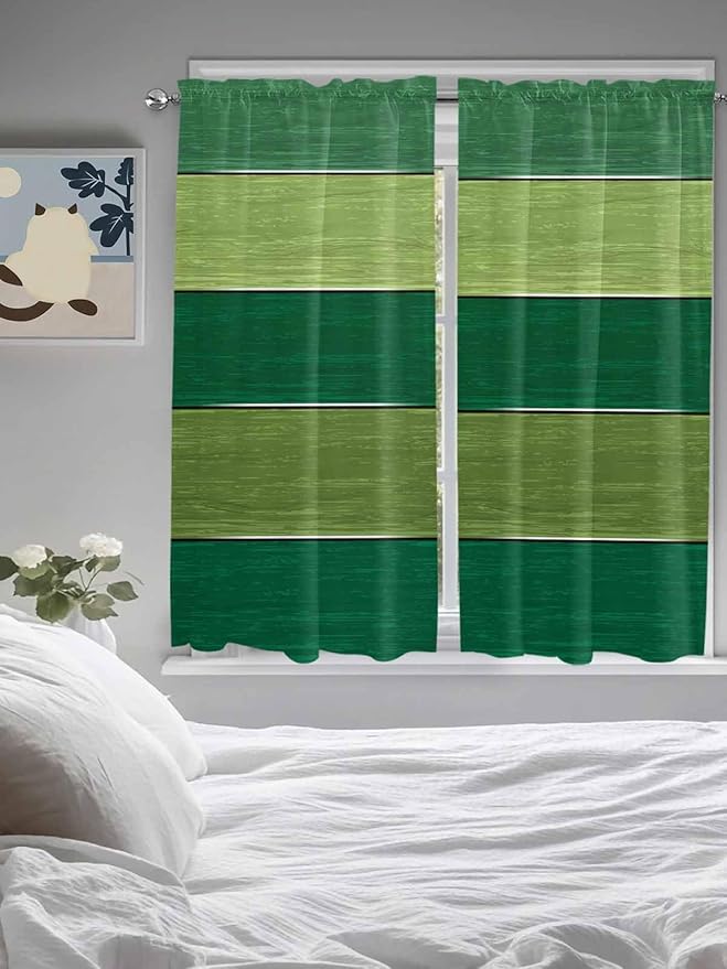 Farm Retro Green Wood Grain Window Valance Curtains, Rustic Wooden Plank Texture Light Filtering Kitchen Valance with 3-inch Rod Pocket for Living Room Bathroom Bedroom,2 Panel,52x72In