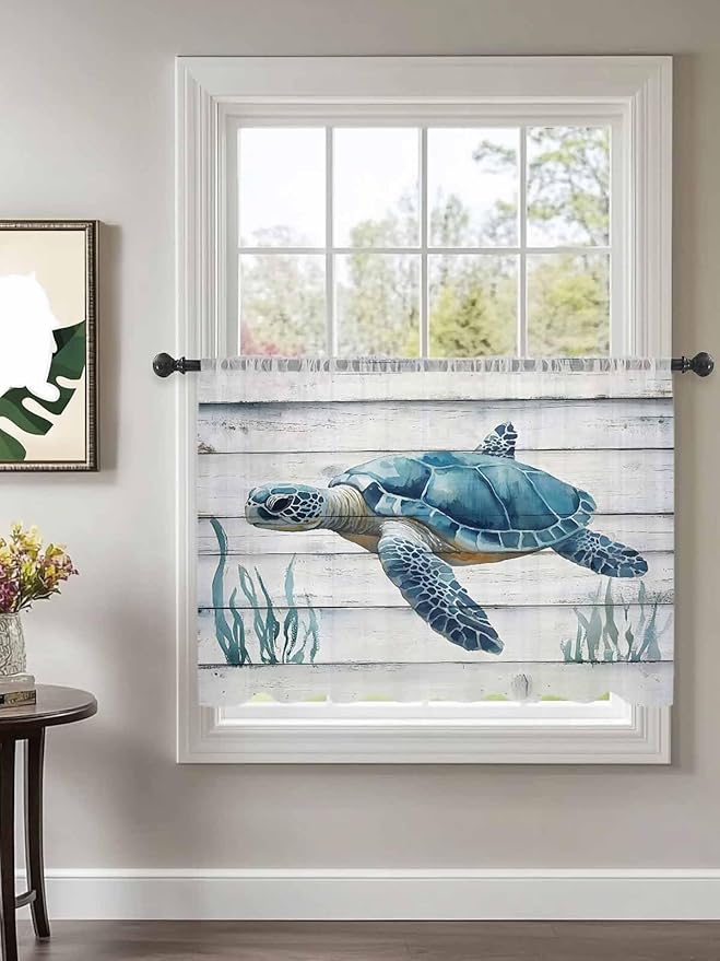 Sheer Curtains 54 Inch Length, Sea Turtle Blue Semi Sheer Curtains Light Filtering Window Treatment, Coastal Ocean Seaweed Wood Grain Privacy Voile Drapes for Living Room Bedroom 52x54 Inch