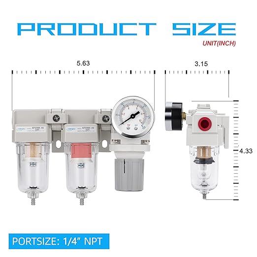 NANPU 1/4" NPT Air Drying System - 5 Micron Particulate Filter, 0.01 Micron Coalescing Filter, Air Pressure Regulator Combo - Semi-Auto Drain, Poly Bowl w/Metal Gauge