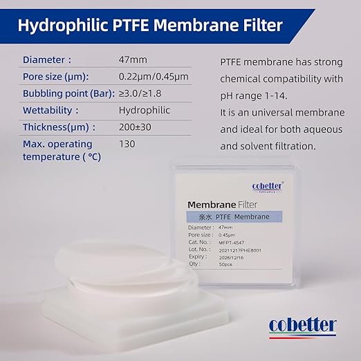 100 Pieces/Pack PTFE Disc Membrane Filters Hydrophilic 47mm Diameter 0.45µm Pore Size