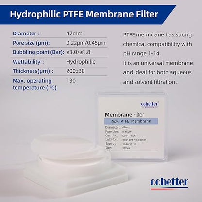100 Pieces/Pack PTFE Disc Membrane Filters Hydrophilic 47mm Diameter 0.45µm Pore Size
