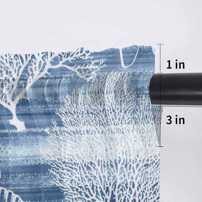 Navy Blue Retro Summer Sheer Valance Curtains, Sea Turtle Starfish Coral Ocean Light Filtering Kitchen Valances Rod Pocket Voile Curtain Window Treatment for Bedroom/Living Room/Basement 42Wx12L