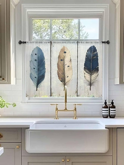 Sheer Curtains 45 Inch Length, Farmhouse Feather Semi Sheer Curtains Light Filtering Window Treatment, Watercolor Vintage Wooden Grain Privacy Voile Drapes for Living Room Bedroom 52x45 Inch