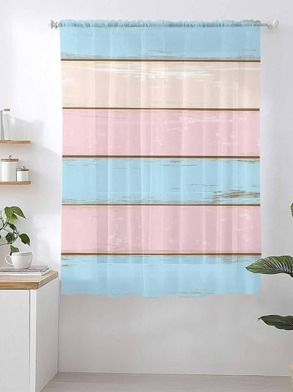 Sheer Curtains 63 Inch Length, Pink Blue Wood Grain Semi Sheer Curtains Light Filtering Window Treatment, Farmhouse Country Shabby Striped Privacy Voile Drapes for Living Room Bedroom 52x63 Inch