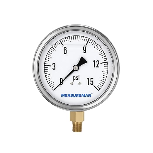 MEASUREMAN Glycerin Filled Plumbing Pressure Gauge 0-15psi Stainless Steel Case, 4" Dial 1/4" NPT Brass Lower Mount, Suitable for Water Systems, Pneumatic Equipment, RVs, Home Plumbing