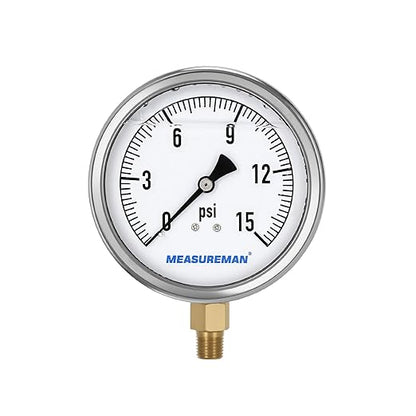 MEASUREMAN Glycerin Filled Plumbing Pressure Gauge 0-15psi Stainless Steel Case, 4" Dial 1/4" NPT Brass Lower Mount, Suitable for Water Systems, Pneumatic Equipment, RVs, Home Plumbing