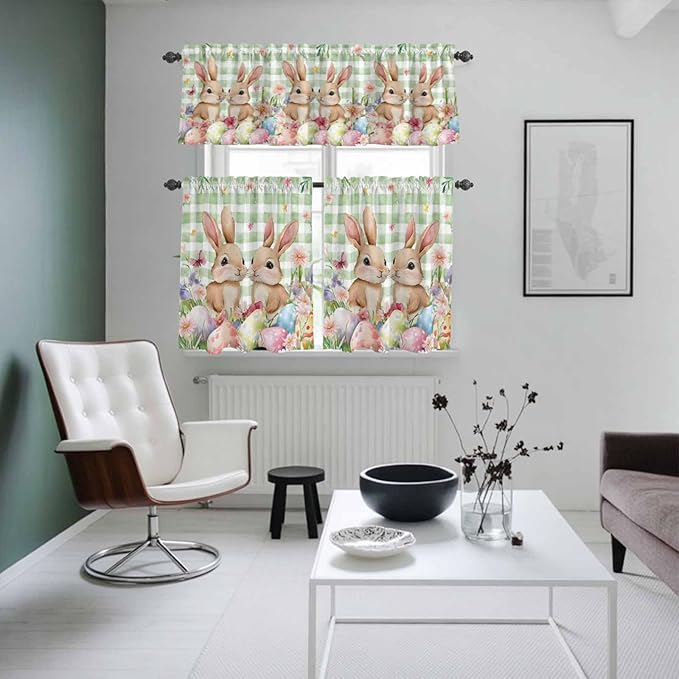 Easter Kitchen Curtains Set 3 Piece for Windows, Rod Pocket Valance and Tier Set 24 Inch Length, Spring Rabbit Eggs Flower Butterfly Green Plaid Light Filtering Cafe Curtains for Living Room Bathroom