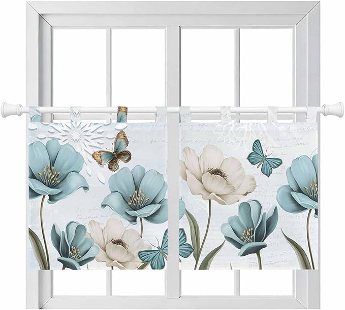 Blue Tulips Kitchen Curtains 36 Inch Length, Small Window Curtains Tab Top, Watercolor Flowers Butterfly Spring Farmhouse Blue Light Filtering Short Window Treatments Tier Drapes 27.5"x36" 2 Panel