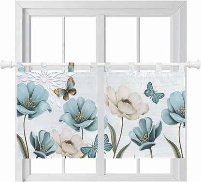 Blue Tulips Kitchen Curtains 36 Inch Length, Small Window Curtains Tab Top, Watercolor Flowers Butterfly Spring Farmhouse Blue Light Filtering Short Window Treatments Tier Drapes 27.5"x36" 2 Panel