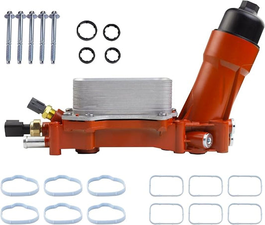 926-959 Aluminum Engine Oil Filter Housing Oil Cooler Kit with Gaskets & Sensors Compatible with 2011-2016 Chrysler Charger Challenger Journey Wrangler Ram Promaster 3.6L (Red)