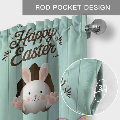 Green Easter Curtain Valances for Windows, Kitchen Valance Window Treatment, Spring Cartoon Bunny Colorful Eggs Wood Grain Light Filtering Block Curtains for Bathroom/Bedroom/Living Room 42'' x 18''