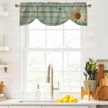 Daisy Flower Tie Up Valance Curtains for Windows, Kitchen Curtains Window Shades, Modern Art Floral Farmhouse Teal Wooden Grain Light Filtering Roman Curtain Valances for Bedroom/Bathroom/Cafe 54"x18"