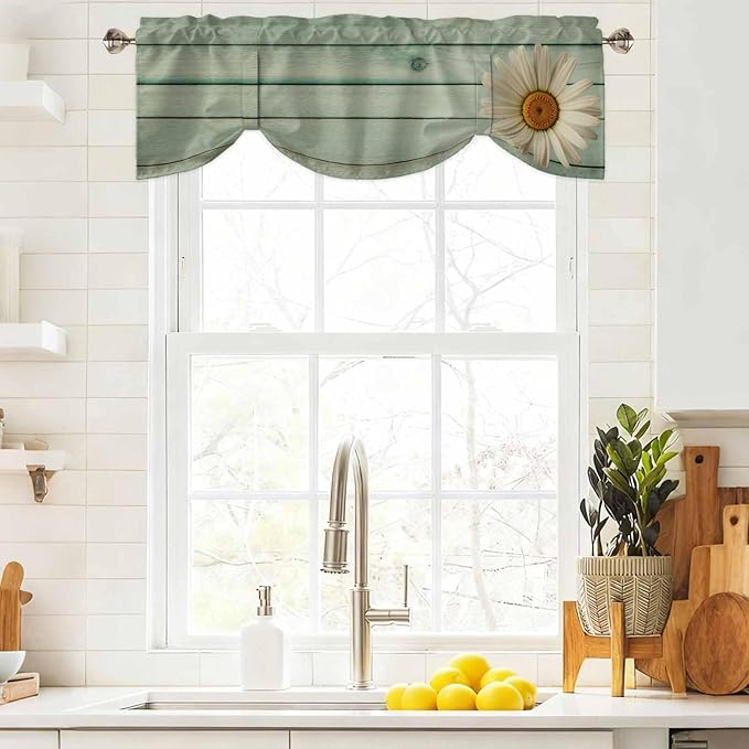 Daisy Flower Tie Up Valance Curtains for Windows, Kitchen Curtains Window Shades, Modern Art Floral Farmhouse Teal Wooden Grain Light Filtering Roman Curtain Valances for Bedroom/Bathroom/Cafe 42"x12"