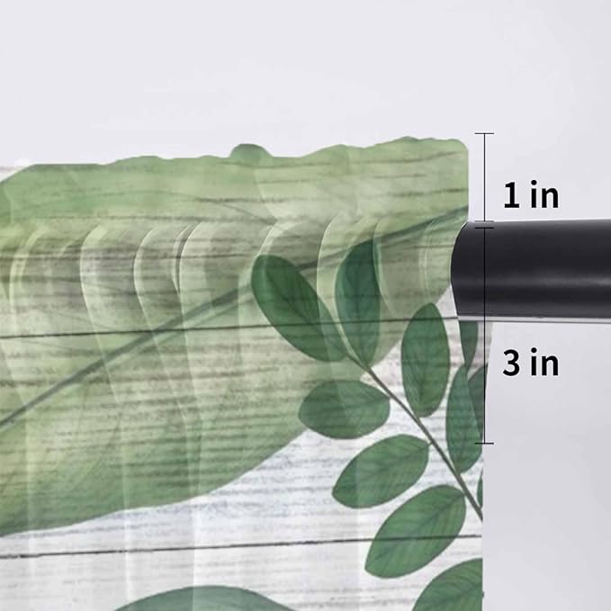 Summer Palm Leaf Sheer Valance Curtains, Green Tropical Plants Nature Leaves Wood Grain Light Filtering Kitchen Valances Rod Pocket Voile Curtain Treatment for Bedroom/Living Room/Basement 42Wx18L
