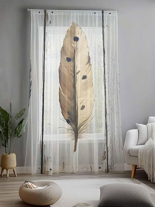 Sheer Curtains 96 Inches Long, Farmhouse Feather Semi Sheer Curtains Light Filtering Window Treatment, Watercolor Vintage Wooden Grain Privacy Voile Drapes for Living Room Bedroom 52x96 Inch