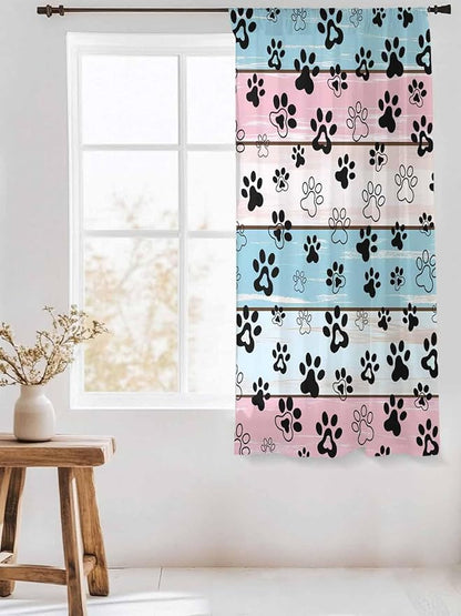 Sheer Curtains 72 Inches Long, Blue Pink Dog Paws Prints Semi Sheer Curtains Light Filtering Window Treatment, Farmhouse Beige Wood Privacy Voile Drapes for Living Room Bedroom 52x72 Inch