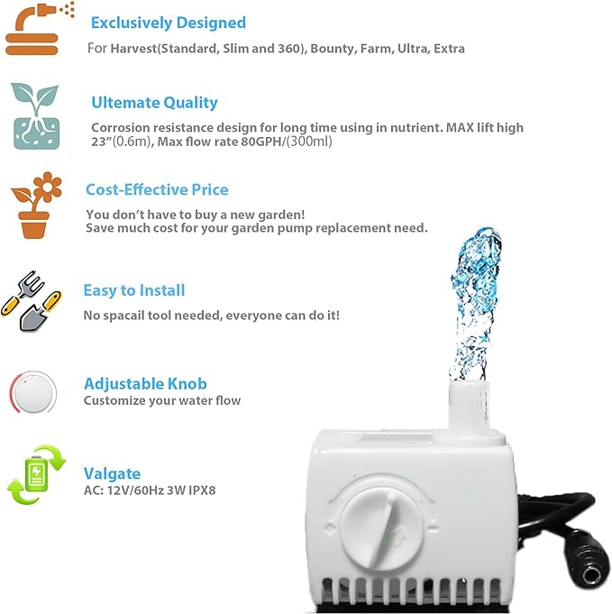 Aerogarden Replacement Pump Compatible with Harvest Bounty Farm Extra Ultra all models, Pump replacement model #200623, Included Extra 10 Pump Filters